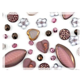 45+ pieces (60g) of Focal Glass Bead Mix with Table-Cut Flower and Butterfly Beads, PG Pink Purple