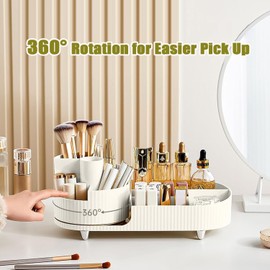 SIOOUI Drehbarer Make-up-Organizer, große Kapazität, Kosmetik-Vitrine für Schminktisch, große Kapazität, Kosmetik-Vitrine mit Make-up-Pinselhalter, Kosmetik-Organizer, Arbeitsplatte (weiß)