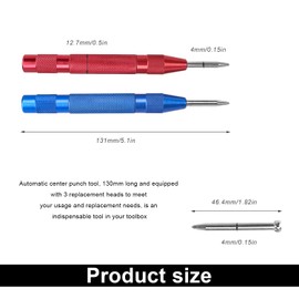 LINTRA Pack of 2 Automatic Centre Punches, 130 mm Automatic Centre Punch, Spring Mechanism Automatic Centre Punch with 3 Replacement Heads, for Glass, Metal, Wood