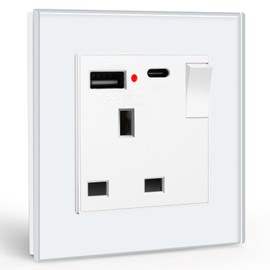 BSEED Single Switched Socket with USB C and USB A Charging Ports, UK Standard Electric Power Sockets with Glass Panel, 1 Gang 13A Wall Socket, White