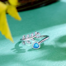 December Birthstone Rings Blue Tanzanite - Girls Women Adjustable Leaf Heart CZ Ring Sterling Silver Inspirational Resizable Open Rings Band to Daughter Christmas Jewelry Gift
