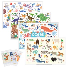 Disposable Placemats for Baby & Toddlers - Individually Wrapped 32 Pack Stick on Placemat Waterproof Baby Placemats for Dining Table, Travel, Restaurants, Animal Alphabet Designs (12x18 Inch)