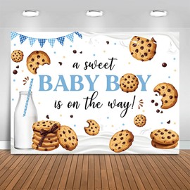 Fitumiw Cookie Baby Shower Backdrop 7x5ft A Sweet Baby Boy is On The Way Party Decorations Background for Boys Cookie and Milk Banner Photo Booth Props