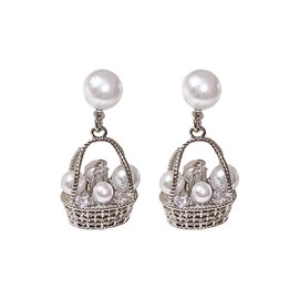 Dainty Cubic Zirconia Pearls Hollow Basket Dangle Drop Earrings for Women Sterling Silver Post White Imitation Pearl Stud Statement Fashion Jewelry Gifts for Wife Mother Her