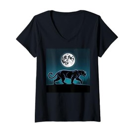 Womens Kids Black Panther Full Moon Trees Sasquatch Black Panther V-Neck T-Shirt