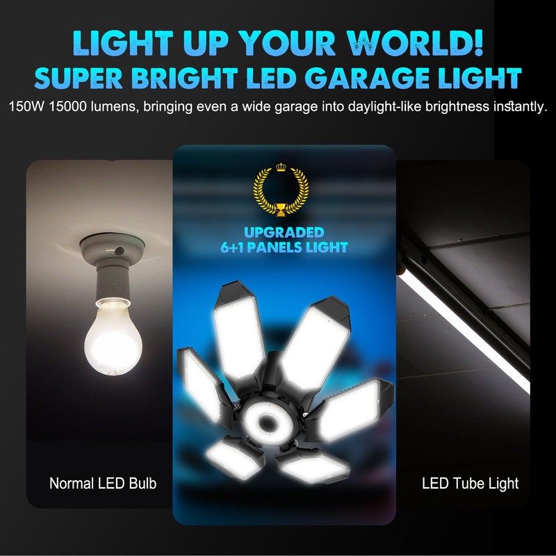 AYSEMO Garage Light Bulb LED 100W with 6 Deformable Panels,