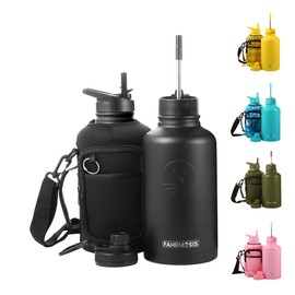 FAHRMOSIS 64 Oz Insulated Water Bottle with Strap Stainless Steel Sports Water Bottle with 3 Lids (Straw, Chug and Flip Lid) Leak Proof Metal Half Gallon Jug for Men & Women - Black
