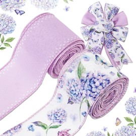 20 Yard Hydrangea Wired Edge Ribbon Purple Hydrangea Flower Craft Ribbons Spring Floral Fabric Ribbon for Wreath Bow DIY Wrapping Party Decor, 2 Rolls