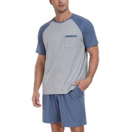 PrinStory Men's Pajama Set Sleepwear Pjs Lightweight Short Sleeve Crewneck Shirts and Shorts Soft Comfy Sleep Sets Gray Blue US XL