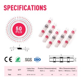 Kuject 50PCS Solder Seal Wire Connectors AWG 22-18, Red Solder Seal Heat Shrink Butt Connectors Terminals Solder Sleeve Waterproof Wire Splice Connector for Marine Automotive Boat Wire Joint…