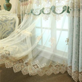 pureaqu Semi Sheer Voile Curtain Panels 84 Inches Long for Bedroom European Floral Embroidered Lace Bottom Curtain Metal Grommet Sheer Draperies for Villa/Living Room 1 Panel W52 x L84 Inch