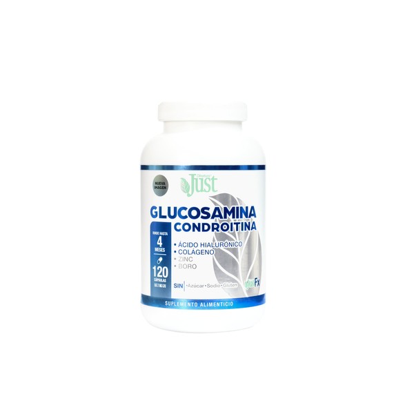 Glucosamina Condroitina Premium JustFx 120 cápsulas con Ácido Hialurónico, Colágeno Hidrolizado, Zinc y Boro.