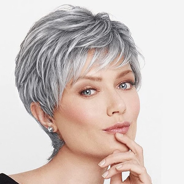 Becus Pixie Cut Wig, Short Grey Wig, Full Natural Layer, Straight Fluffy Synthetic Pixie Wigs, Dark Grey Roots, Grey Wigs for Women (Ombre Sliver Grey)