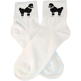 Hip Hop 50s Shop Womens Bobby Sock With Black Poodle Applique- Adult Size White with Black