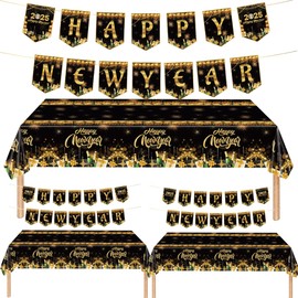 3 Pack Happy New Year Tablecloth with 3 Pack Banners, New Years EVE Party Supplies 2025, Black and Gold Rectangle Disposable Tablecloth and Banner, 2025 New Years Decorations