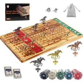 Medikaison Horse Racing Board Game Thickened Solid Wood Finish Line Horse Race Game with 11 Metal Horses with 2 Sets of Dice,2 Boxes of Cards and 100 Poker Chips for Parties and Gambling