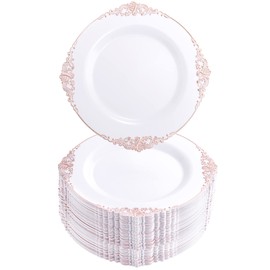 Morejoy 100pcs Plastic Plates - Disposable - 7.5 inch White and Rose Gold Dessert Plates for Weddings & Parties & Shower