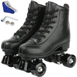 jessie PU Leather Roller Skates Roller Skates for Women Outdoor and Indoor Adjustable Four-Wheel Premium Roller Skates for Women Men Boys and Girls (Black Wheel,Women's 6/ Youth 5)