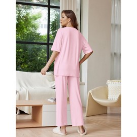 Ekouaer Lounge Sets for Women Short Sleeve Tops and Long Pants Soft Comfy Pajamas Set 2 Piece Outfits,Pink,M