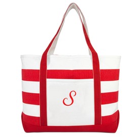 DALIX Beach Tote Bag Shoulder Bags Striped Monogrammed Red Ballent Letter S