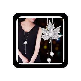 Zeshimb Rhinestone Crystal Leaf Necklace Elegant Cubic Zirconia Maple Pearl Pendant Y Necklace Vintage Silver Y Lariat Necklace Long Sweater Chain Statement Necklace Costume Jewelry for Women