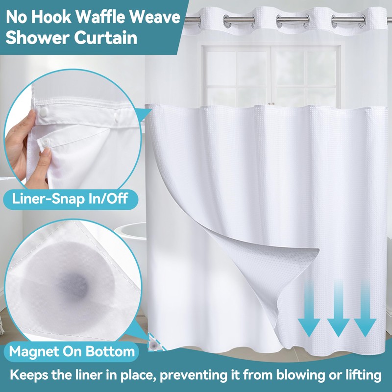 Extra Wide No Hook Waffle Weave Shower Curtain with Snap