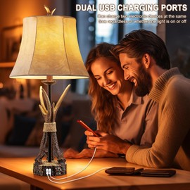 BOWOBO Rustic Deer Antler Lamps Set of 2 with USB Charging Port Cabin Lamps for Living Room Bedrooms End Table Hunting Themed Cabin Decor