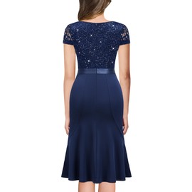 Miusol Women's Elegant V Neck Sequin Glitter Lace Ruffle Style Cocktail Prom Dress (X-Large, A-Navy Blue)