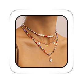 ACEDRE Colorful Layered Beaded Necklaces Gold Heart Beads Choker Necklace Boho Rave Costume Neck Accessory for Women(3PCS)