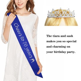Happy 70th Birthday Tiara and Sash Gifts Crystal Rhinestone Princess Crown Birthday Women Party Favor Supplies Silver Crowns Blue Sash