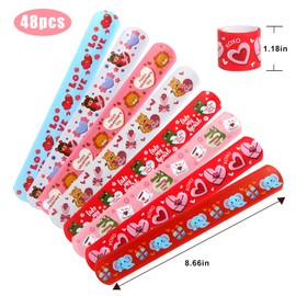 CCINEE 48PCS Valentine's Day Slap Bracelets, Assorted Heart Animal Printed Slap Wristbands Valentine Cartoon Snap Bands for Kids School Classroom Exchange Gifts Party Favor
