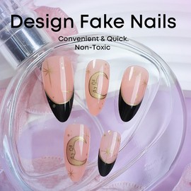 24Pcs Black French Tip Press on Nails Short Almond Fake Nails with Gold Moon Star Glue on Nails Glossy Full Cover Acrylic False Nails Black Nails Tip Artificial Stick on Nails for Women Manicure
