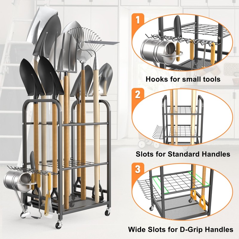 TORACK Garden Tool Organizer Stand with Wheels, Rakes Shovels Yard