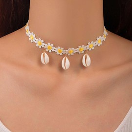 Xduargs Boho Lace Flower Choker Necklace Vintage Daisy Flower Shell Necklace White Daisy Lace Collar Necklace Daisy Petal Cowrie Necklace Jewelry for Women and Girls