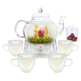 GURUDAR Glass Teapot Set, 40OZ/1200ml Stovetop Safe Glass Tea Kettle with Removable Infuser & Tea Warmer, Tea Cups and Saucers Set of 4, Blooming Tea & Loose Leaf Tea Maker Set for Women