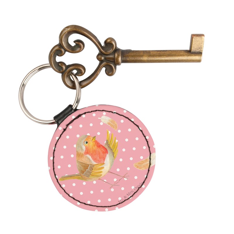 Mr. & Mrs. Panda Round Keyring Robin with Feathers, red