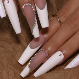 CUZIAM Extra Long Press on Nails White French, Handmade Soft Gel XL Coffin Nails with Bling Diamond Glitter Rhinestones Designs, Reusable Full Cover Easy Gel Manicure for Women Girls-14pcs,L