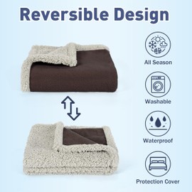 Waterproof Dog Blanket, Pet Pee Proof Fleece Sherpa Throw Blanket for Sofa Couch Bed Protection, Washable Reversible Furniture Protector Cover 125 x 75 cm Brown/Tuape