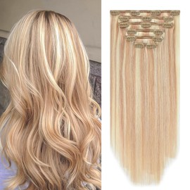 Aison Clip in Hair Extensions 100% Remy Human Hair 12P613 Golden Brown to Blonde 7A 70G/7Pcs Soft Silky Straight 16clips for Women(22 Inch #12P613)