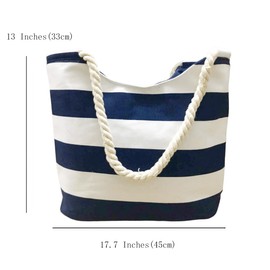 FAVORTALK Beach Bags for Women with Zip Large Tote Bag Shoulder Bag for Women Canvas Handbag for Shopping Travel Beach Bags with Zip (Navy Blue Stripe),B26219