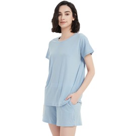 ZSOSBA METARINO Merino Wool Pajamas Women 2 Piece Pjs Lounge Sets Short Sleeve Tops with Shorts Soft Sleepwear Loungewear,Sky Blue,Large