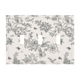Country Black and White Floral Flowers Birds 3 Gang Light Switch Plate Decorative Triple Toggle Wall Plate Cover Electrical Faceplate for Bathroom Home Kitchen Bedroom Art Panel Decor