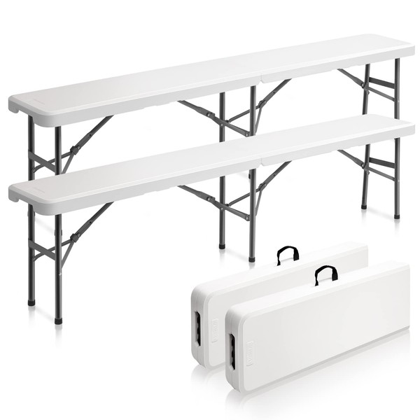 VINGLI 2 Pack 6 feet Plastic Folding Bench,Portable in/Outdoor Picnic Party Camping Dining Seat, Garden Soccer Multipurpose Entertaining Activities, White
