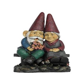 Hi-Line Gift Ltd Garden Gnome Old Couple Holding Flower Statue on Bench, 17-Inch