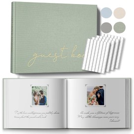Wedding Guest Book with Table Sign and 216 Photo Corners Stickers, Linen Polaroid Guest Book for Wedding，Baby Shower - 100 Blank Pages Guestbook for Sign in and Photos- Sage 8”x10”