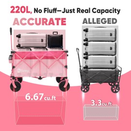 Sekey 220L Collapsible Foldable Wagon with 330lbs Weight Capacity, Heavy Duty Folding Utility Garden Cart with Big All-Terrain Beach Wheels & Drink Holders.Pink