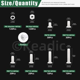 Keadic White Nylon Countersunk Machine Screws, Flat Head Machine Screws Metric Screws Bolts Washers Nuts Kit for Machinery Industry (M6)