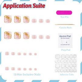 White French Tip Press on Toenails Short Fake Toenails Flower False Toenails with Floral Gold Glitter Curve Line Designs Glossy Glue on Toenails Acrylic Toenails for Women Girls 24Pcs