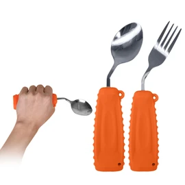 Ehucon Adaptive Utensils Angled Spoon and Fork for Elderly,Hand Tremors Parkinsons,Weighted Silverware with Non-Slip-Easy Grip Handles for Independent Eating (Orange, Left)