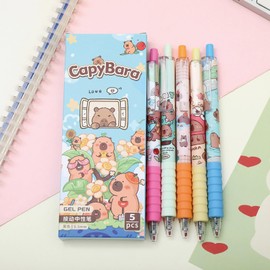 MOZXIRZ 5 Pcs Capyabra Gel Pens Cute Retractable Pens 0.5mm Black Ink Soft Grip Writing Pen Kawaii Cartoon Pen for Girls Boys Women Men Office School Supplies (Cute Capybara)